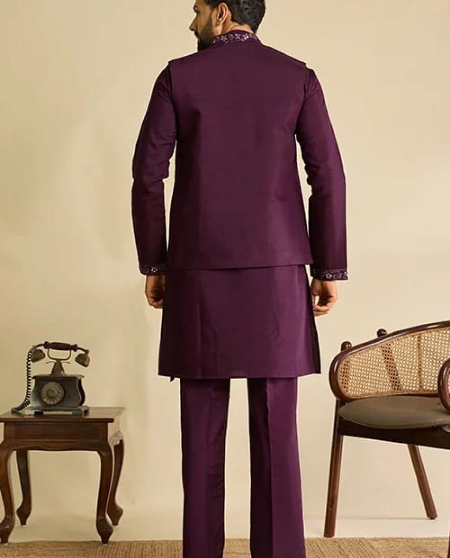MAROON - Royal Maroon Mirror Work Koti Kurta Set for Mens Wear
